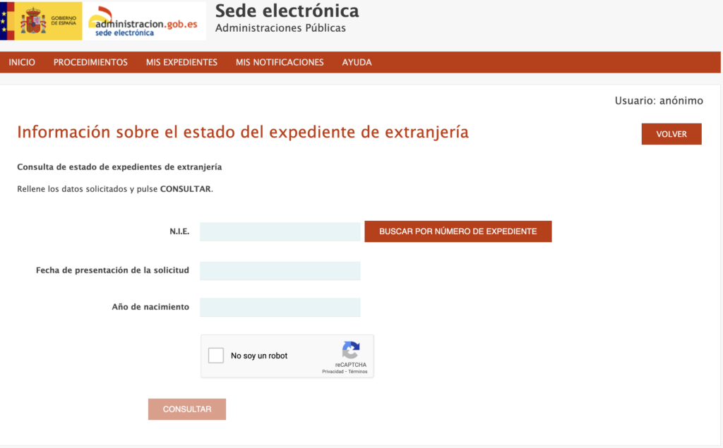 Plataforma de la administración pública española para la consulta del estado de expedientes de extranjería